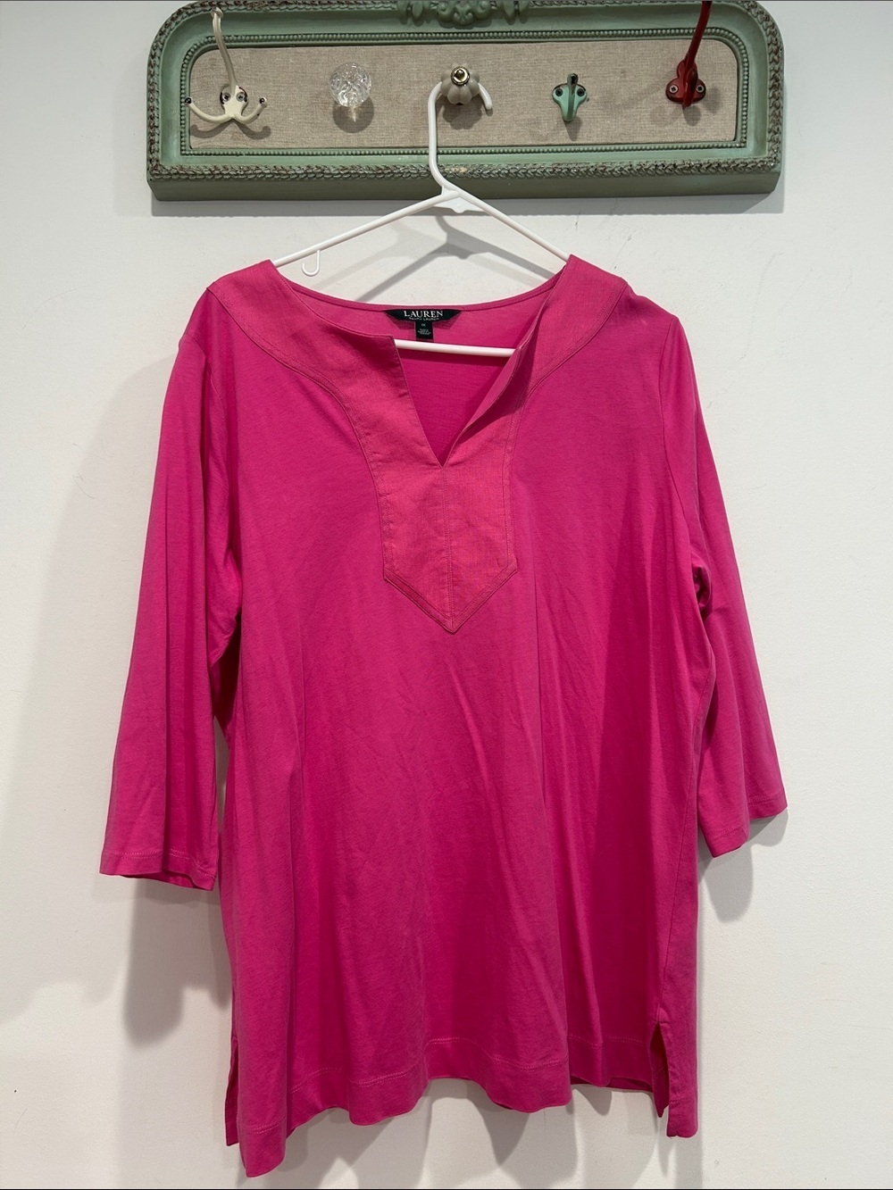 Lauren Ralph Lauren 1X plus Fuchsia pink Split V-Neck cotton Tunic top women’s